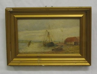 An oil painting on board "Tied Thames Barge" monogrammed EM 5" x 8"