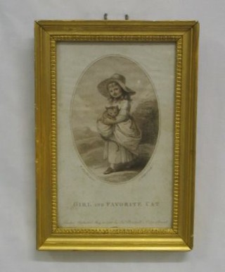 An 18th Century monochrome print "Girl with Favourite Cat" 4" oval,