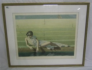 A limited edition coloured print "Young Girl by Stepped Bathing Pool" 17" x 23"