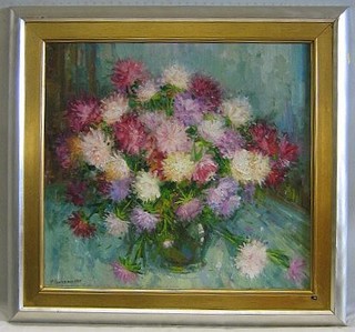 Fedir Klymenko, Russian School oil painting on canvas, still life "Vase of Chrysanthemums on a Table" 22" x 23"