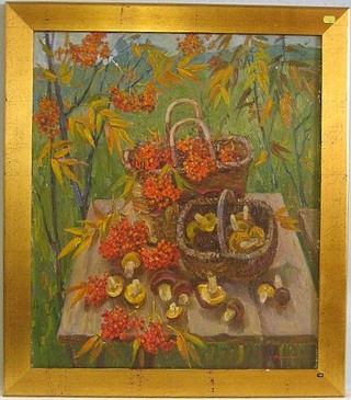 Stanislav Fomenok, Russian School oil painting on canvas, still life "Two Baskets of Blossom and Mushroom" 27" x 23"