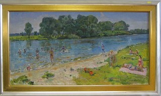 Leonid Kudryavtzev, Russian School impressionist oil painting on canvas, "Figures Bathing in River" 20" x 38"