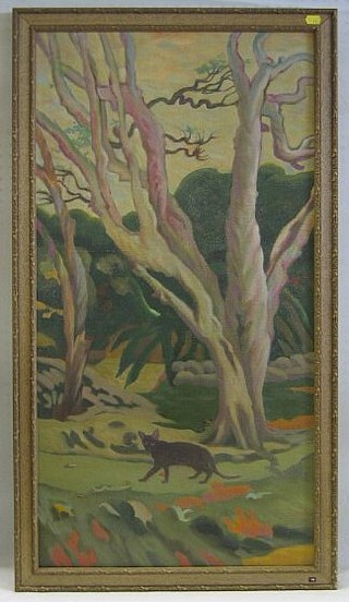 Anatoliy Onischenko, Russian School, impressionist oil painting on canvas, "Blasted Tree with Walking Wild Cat" 35" x 18"