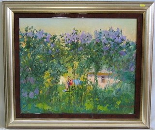 Andriy Yalandri, Russian School oil painting on canvas, "Cottage Garden with Lady Hanging Washing" 19" x 23"