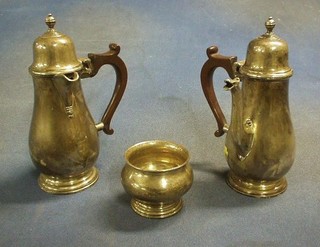 A silver 3 piece Queen Anne style cafe au lait set comprising baluster shaped coffee pot, milk jug and sugar bowl, Sheffield 1933 and 1934 25 ozs