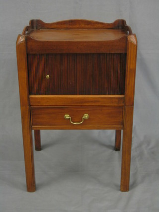 A Georgian mahogany tray top commode with cupboard enclosed by a tambour shutter fitted a drawer, raised on square supports 20"