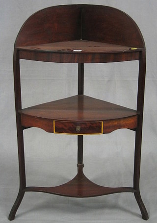 A 19th Century mahogany 3 tier corner wash stand fitted a drawer, raised on splayed feet 22"