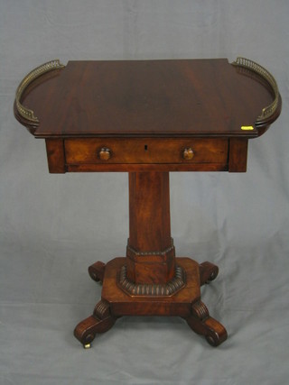 A William IV mahogany shaped occasional table with brass gallery fitted a drawer raised on a chamfered column with lozenge base and scroll feet 25"