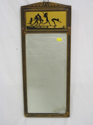 A rectangular hanging wall mirror, the upper section decorated a silhouette panel of young girls diving, marked Tallimit Fidus - 94, 22"