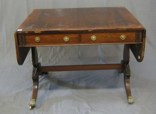 A William IV rosewood sofa table with crossbanded top fitted 2 drawers on standard end supports with low stretcher 37"