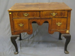 A Queen Anne walnutwood low boy with crossbanded and inlaid top, fitted 2 long drawers above 2 short drawers, raised on cabriole supports 36"