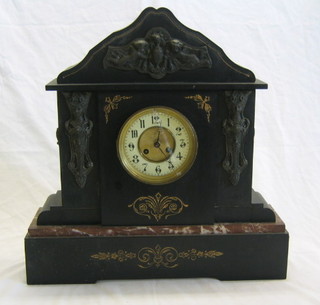 A large and impressive Victorian 8 day striking mantel clock with porcelain dial and Arabic numerals contained in a black marble architectural case with gilt metal mounts