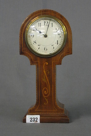 An Edwardian French 8 day bedroom timepiece with enamelled dial contained in an inlaid shaped mahogany case 