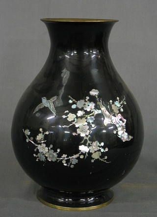 A Korean lacquered baluster shaped vase with mother of pearl decoration 12"