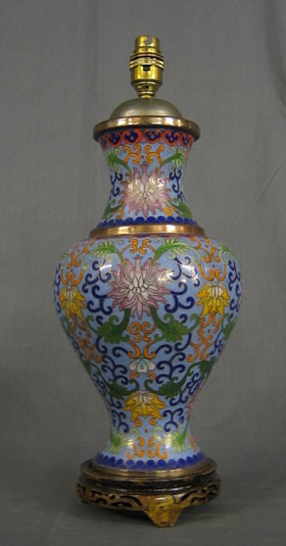 A cloisonne enamelled vase  converted by an electric table lamp raised on a hardwood base 16"