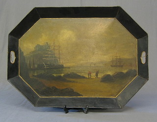 A Victorian octagonal Tolle ware twin handled tray decorated a 3 masted naval ship in bay, 19" x 26"