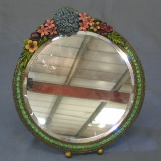 A circular bevelled plate easel mirror with barbola mounts 10"