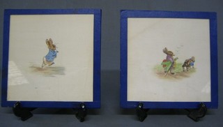 6 various silk panels, painted and embroidered characters from Beatrix Potter's Peter Rabbit 7" x 7"