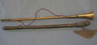 A reproduction iron headed axe and a repro. copper coaching horn