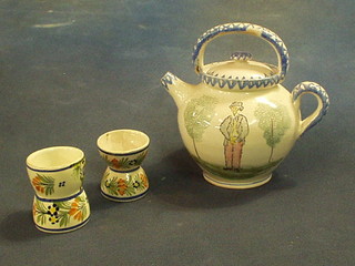 2 Quimper napkin rings, 1 marked HR Quimper, the other Henriot and a circular Quimper teapot