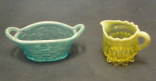 A pressed Vaseline glass jug 2" and a turquoise pressed glass oval basket 5"