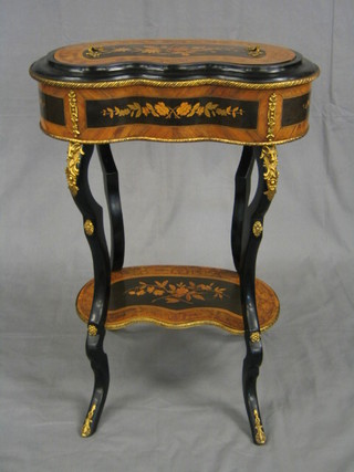 A 19th/20th Century French inlaid Kingwood 2 tier kidney shaped jardiniere with lid, raised on cabriole supports 23"