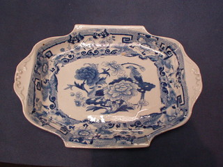 A 19th Century patented Ironstone China blue and white twin handled dish 10"