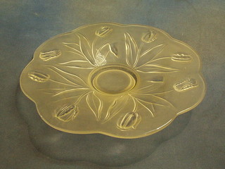 A Lalique style glass circular bowl decorated tulips 15"