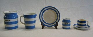 2 T G Greener blue and white banded plates 8" with green shield mark, (chipped), 3 T G Greener dinner plates 9", the base with circle mark, a 5" jug, a  3 1/2 milk jug (chipped), 2 7" plates, 3 mugs (1 cracked), 2 tea cups, 6 saucers 1 chipped, all with circular dot mark