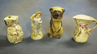 A pottery figure of a seated dog 6", 2 pottery Toby jugs in the form of lady's 6" and a 19th Century porcelain figure 6"