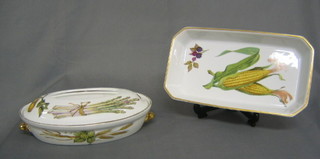 2 rectangular Evesham Gold pattern dishes, an oval shaped vegetable tureen and cover and 2 circular twin handled dishes