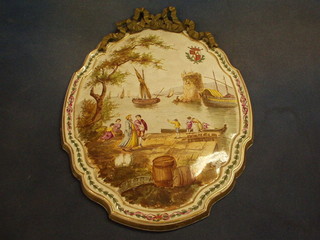 A pair of 19th Century Continental porcelain plaques decorated harbour scenes with merchants and with armorial decoration and gilt mounts, the reserve marked Lille 1767 16" (1 cracked)
