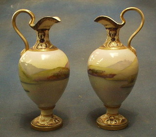 A pair of Noritake porcelain ewers decorated landscapes 9" (1 f and r)