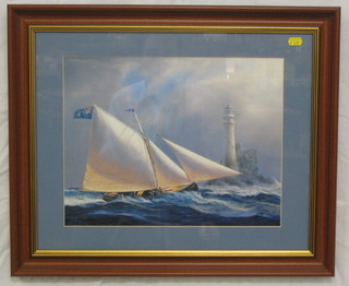 A coloured print "Royal Ulster Yacht Club, Yacht in Full Sail by Lighthouse" 12" x 15"