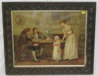 A Victorian coloured print "Interior Scene Dining Room with Gentleman and Child" 17" x 22" contained in a carved oak frame