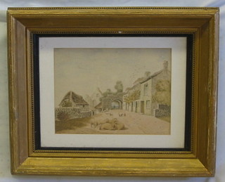 W Batt, watercolour drawing "Hanham Nr. Bristol, Lane with Buildings and Sheep" 9" x 12"  signed