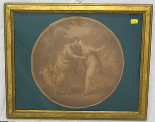 After Angelica Hoffman, an 18th Century mezzotint print "Two Standing Ladies" 13" circular