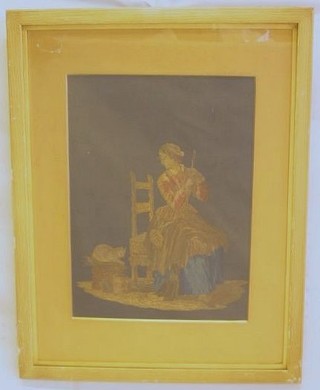 An 18th Century wool work picture "Maid with Bees, Broom and Cat" 13" x 10"
