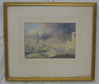 F C Jones, a watercolour "Continental Port with Lighthouse and Buildings" 6" x 8" the reverse with Beaufort Gallery label