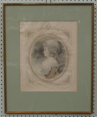 An Edwardian 18th Century style fashion plate of a seated lady 14" oval, contained in a gilt bamboo finished frame