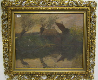 Axuiaole, oil painting on canvas "Cottage by a Pond" 20" x 25" contained in a decorative gilt frame