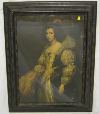 A 17th Century style coloured print "Standing Lady" contained in a decorative frame 24"  x 17"