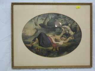 A coloured print "Reclining Shepherdess" 10" oval