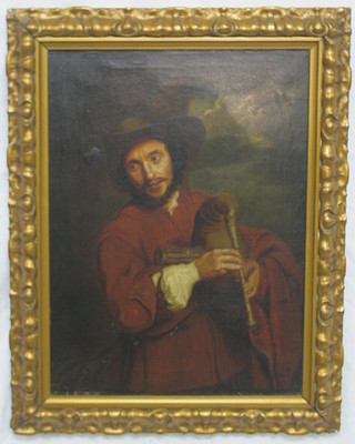 An 18th Century style oil painting on canvas portrait of "Gentleman with Bagpipes" 16" x 11"