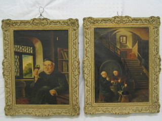 A pair of 19th/20th Century Continental oil paintings on canvas "Cardinal with Glass of Wine and Interior Scene with Cardinal and Vicar" 14" x 10"