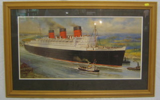 A coloured print "RMS Queen Mary Leaving Southampton?" 13" x 27"