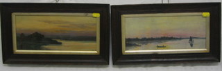 A pair of Victorian oil paintings on canvas "Coastal Scene with Fishing Boats and Figures" 5" x 11" contained in oak frames indistinctly signed