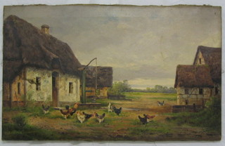 Oil painting on canvas "Farm Yard Scene with Chickens" indistinctly signed  16" x 27" (unframed)