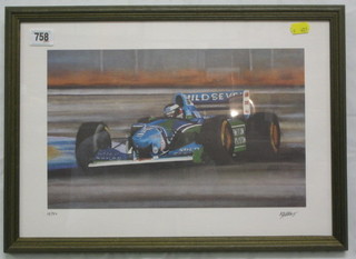 A limited edition coloured print "Racing Car" 8" x 13"