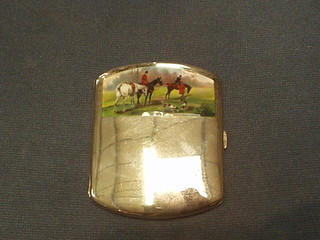 A silver coloured cigarette case, the lid enamelled a hunting scene, lady being presented with foxes brush, slight chip to the enamel 4"